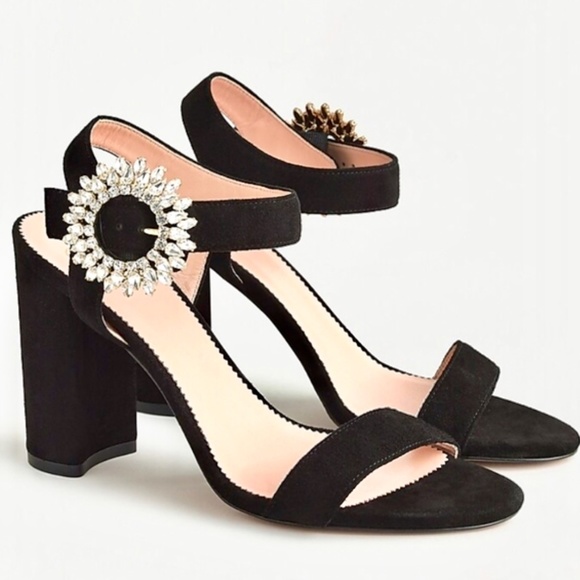 J.Crew Crystal Buckle Stella Black Suede Leather Dress Evening Heels Pump Sandal - Picture 1 of 7